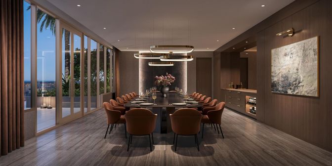 Dining room, Interior, Pendant Lights, Recessed Lighting, Wood Texture Flooring