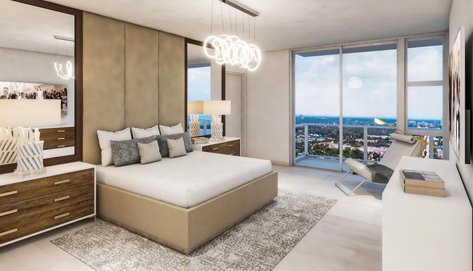 Bedroom, Interior, Pendant Lights, Water, Wood Texture Flooring