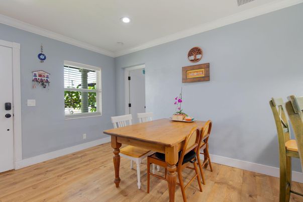 Dining room, Interior, Recessed Lighting, Wood Texture Flooring