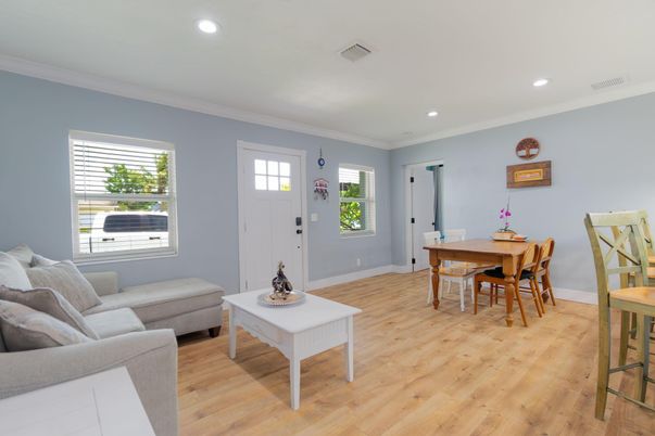 Dining room, Interior, Living room, Recessed Lighting, Wood Texture Flooring