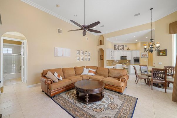 Chandelier, Dining room, Interior, Kitchen, Living room, Recessed Lighting, Stainless Steel Appliances