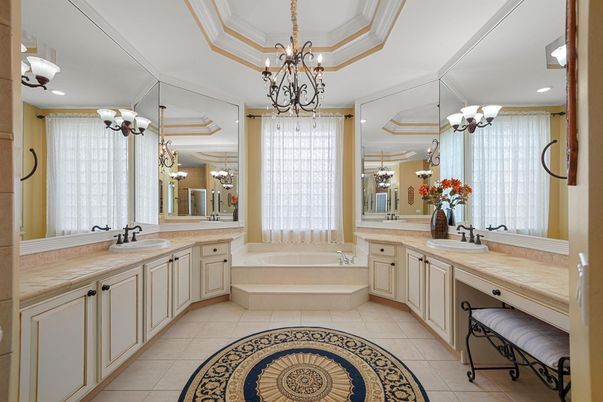Bathroom, Chandelier, Dual Sink Vanities, Interior, Recessed Lighting