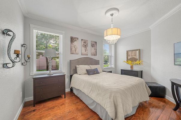 Bedroom, Chandelier, Interior, Wood Texture Flooring