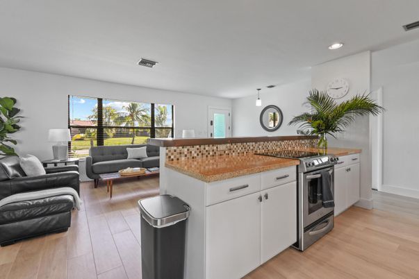Interior, Kitchen, Living room, Pendant Lights, Recessed Lighting, Stainless Steel Appliances, Wood Texture Flooring
