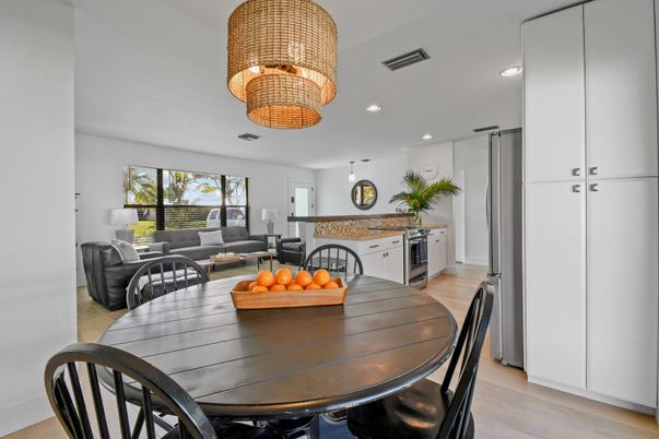 Dining room, Interior, Kitchen, Living room, Recessed Lighting, Wood Texture Flooring