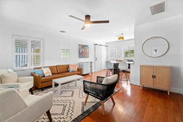 Dining room, Interior, Living room, Recessed Lighting, Wood Texture Flooring