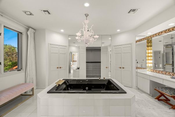 Bathroom, Chandelier, Interior, Marble, Recessed Lighting