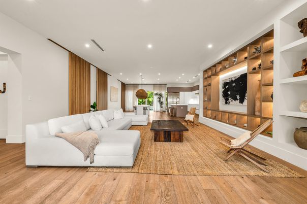 Interior, Living room, Pendant Lights, Recessed Lighting, Wood Texture Flooring