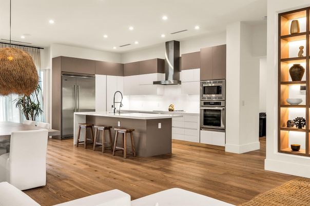Interior, Kitchen, Recessed Lighting, Stainless Steel Appliances, Wood Texture Flooring