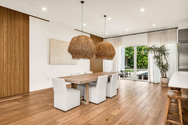 Dining room, Interior, Pendant Lights, Recessed Lighting, Wood Texture Flooring