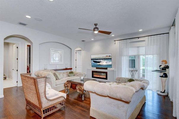 Fireplace, Interior, Living room, Recessed Lighting, Wood Texture Flooring