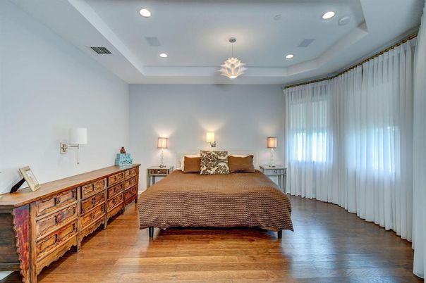 Bedroom, Interior, Pendant Lights, Recessed Lighting, Wood Texture Flooring