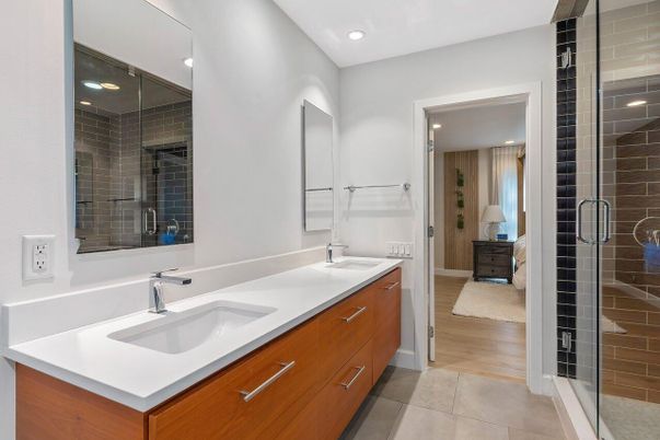 Bathroom, Dual Sink Vanities, Glass Shower, Interior, Recessed Lighting, Wood Texture Flooring