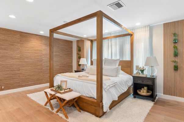 Bedroom, Interior, Recessed Lighting, Wood Texture Flooring