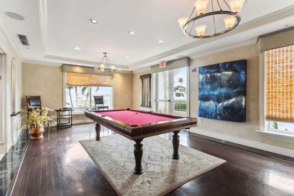 Billiard Table, Game Room, Interior, Pendant Lights, Recessed Lighting, Wood Texture Flooring