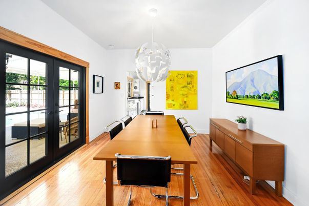 Dining room, Interior, Pendant Lights, Wood Texture Flooring