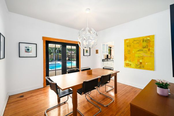 Dining room, Interior, Pendant Lights, Wood Texture Flooring