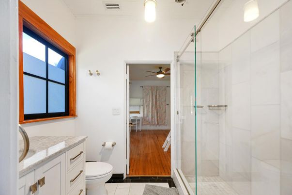 Bathroom, Glass Shower, Interior, Wood Texture Flooring