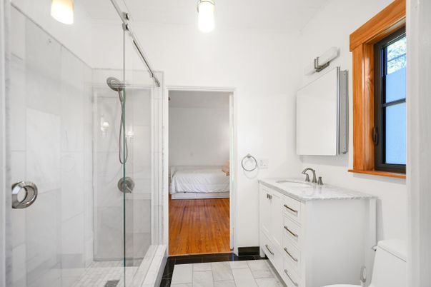 Bathroom, Bedroom, Glass Shower, Interior, Marble, Wood Texture Flooring