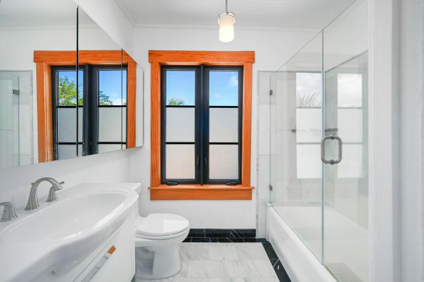Bathroom, Glass Shower, Interior, Marble, Pendant Lights
