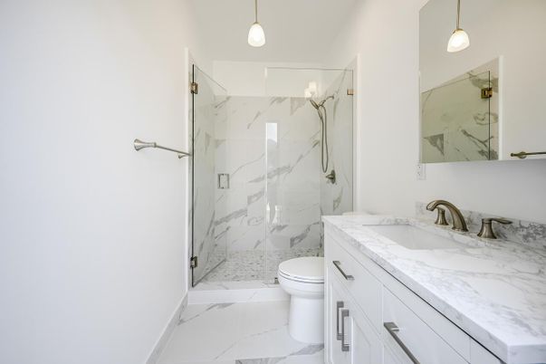 Bathroom, Glass Shower, Interior, Marble, Marble Walls, Pendant Lights