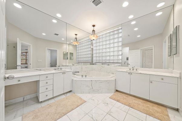 Bathroom, Dual Sink Vanities, Interior, Marble, Pendant Lights, Recessed Lighting