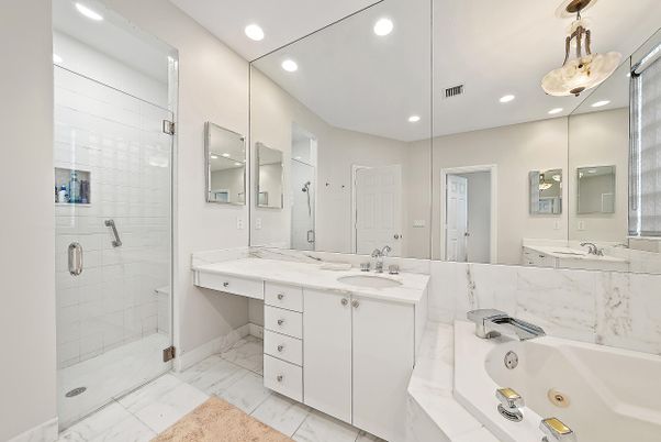 Bathroom, Dual Sink Vanities, Glass Shower, Interior, Marble, Recessed Lighting
