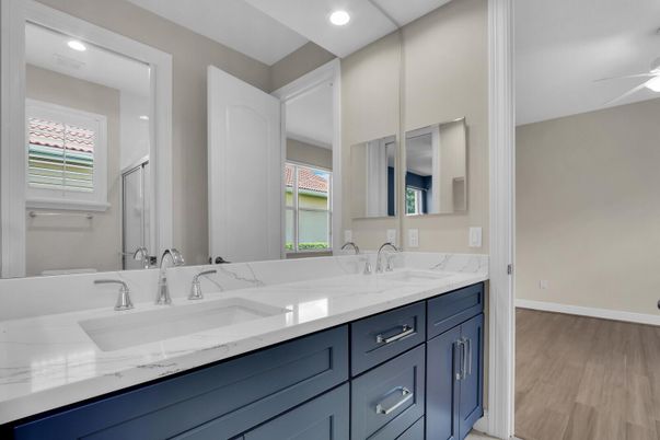 Bathroom, Dual Sink Vanities, Interior, Recessed Lighting, Wood Texture Flooring