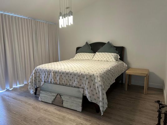 Bedroom, Interior, Pendant Lights, Wood Texture Flooring