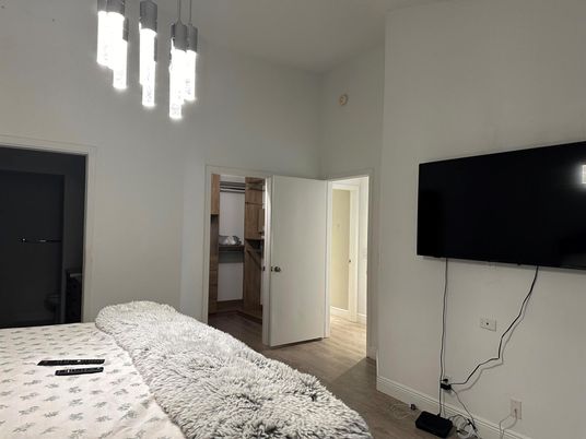 Bedroom, Interior, Pendant Lights, Wood Texture Flooring