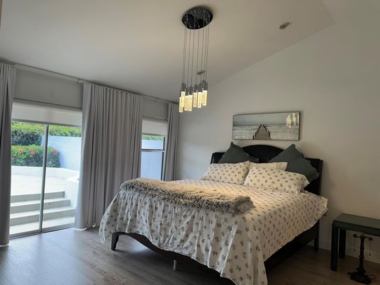 Bedroom, Interior, Pendant Lights, Wood Texture Flooring