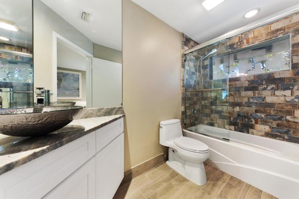 Bathroom, Glass Shower, Interior, Recessed Lighting, Wood Texture Flooring