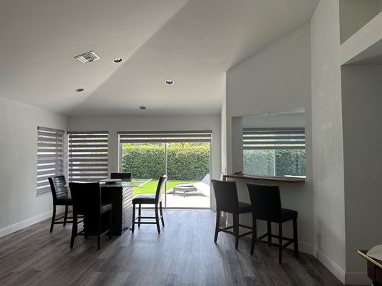 Dining room, Interior, Recessed Lighting, Wood Texture Flooring