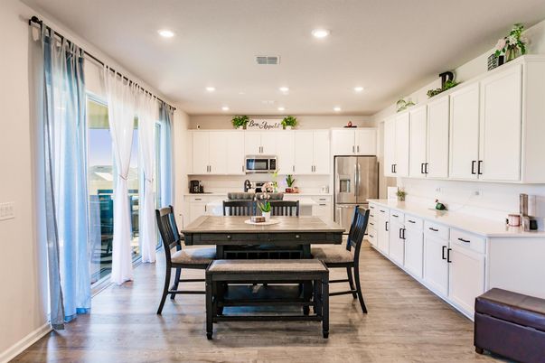 Dining room, Interior, Kitchen, Recessed Lighting, Stainless Steel Appliances, Wood Texture Flooring