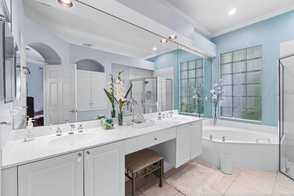 Bathroom, Dual Sink Vanities, Glass Shower, Interior, Recessed Lighting