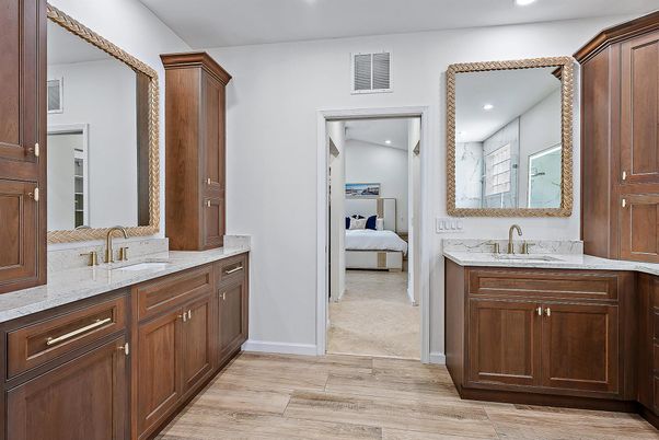 Bathroom, Bedroom, Dual Sink Vanities, Interior, Recessed Lighting, Wood Texture Flooring