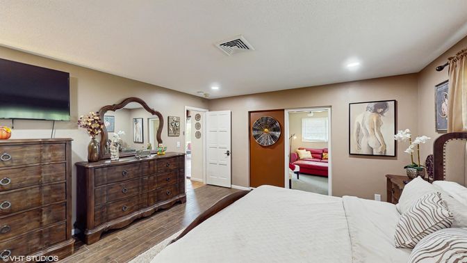 Bedroom, Interior, Recessed Lighting, Wood Texture Flooring