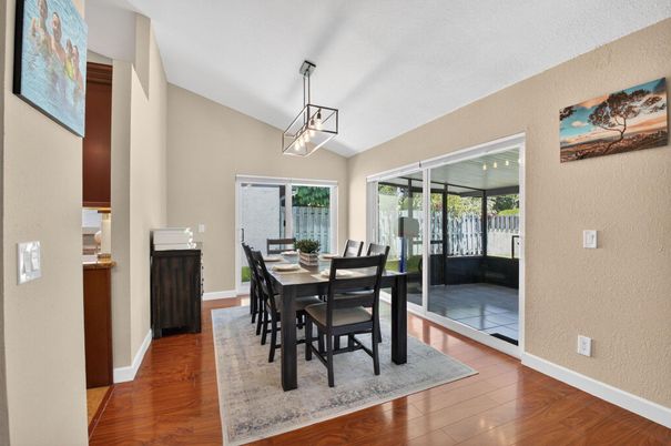 Dining room, Interior, Pendant Lights, Wood Texture Flooring