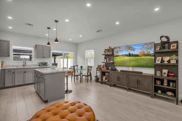Dining room, Interior, Kitchen, Pendant Lights, Recessed Lighting, Wood Texture Flooring