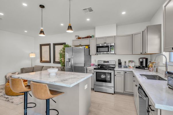 Interior, Kitchen, Pendant Lights, Recessed Lighting, Stainless Steel Appliances, Wood Texture Flooring