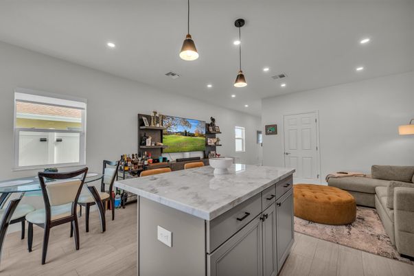 Dining room, Interior, Kitchen, Pendant Lights, Recessed Lighting, Wood Texture Flooring