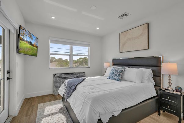 Bedroom, Interior, Recessed Lighting, Wood Texture Flooring