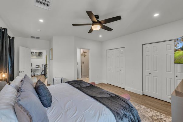 Bedroom, Interior, Recessed Lighting, Wood Texture Flooring