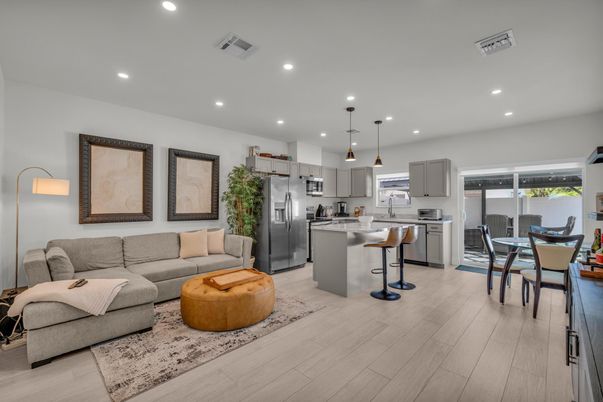 Dining room, Interior, Kitchen, Living room, Pendant Lights, Recessed Lighting, Stainless Steel Appliances, Wood Texture Flooring