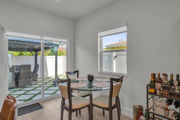 Dining room, Interior, Recessed Lighting, Wood Texture Flooring