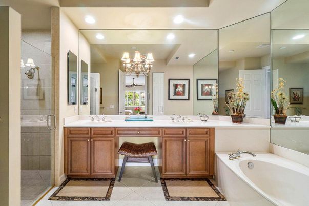 Bathroom, Chandelier, Dual Sink Vanities, Glass Shower, Interior, Recessed Lighting