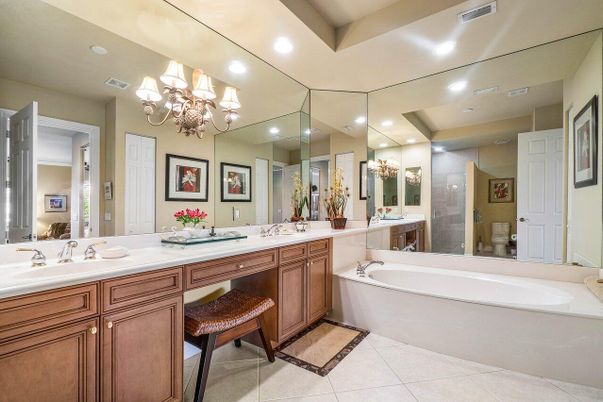 Bathroom, Chandelier, Dual Sink Vanities, Interior, Recessed Lighting
