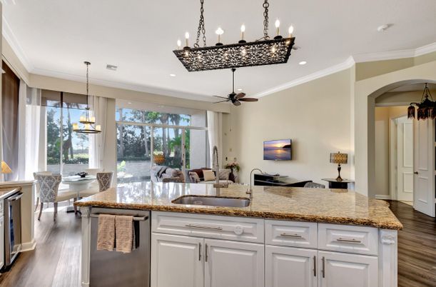 Chandelier, Dining room, Interior, Kitchen, Living room, Pendant Lights, Recessed Lighting, Wood Texture Flooring