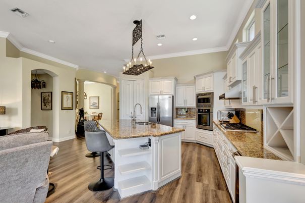 Chandelier, Interior, Kitchen, Pendant Lights, Recessed Lighting, Stainless Steel Appliances, Wood Texture Flooring