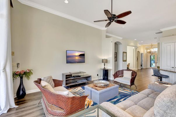 Chandelier, Interior, Living room, Recessed Lighting, Wood Texture Flooring